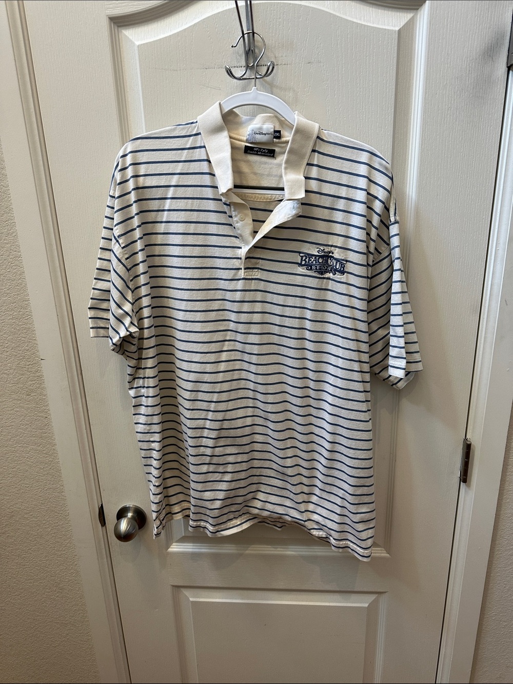 Men's Breton Striped Polo in White and Navy - Embroidered Logo